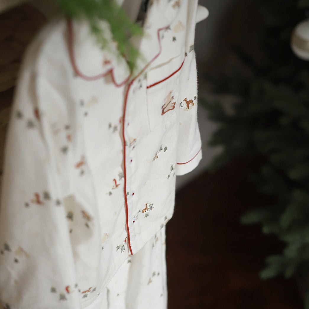 A boys pyjamas in nutcracker hanging on the chimney close-up