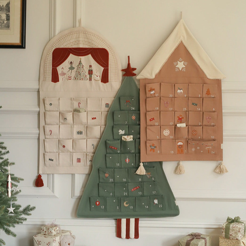 Christmas advent calendar collection on a wall