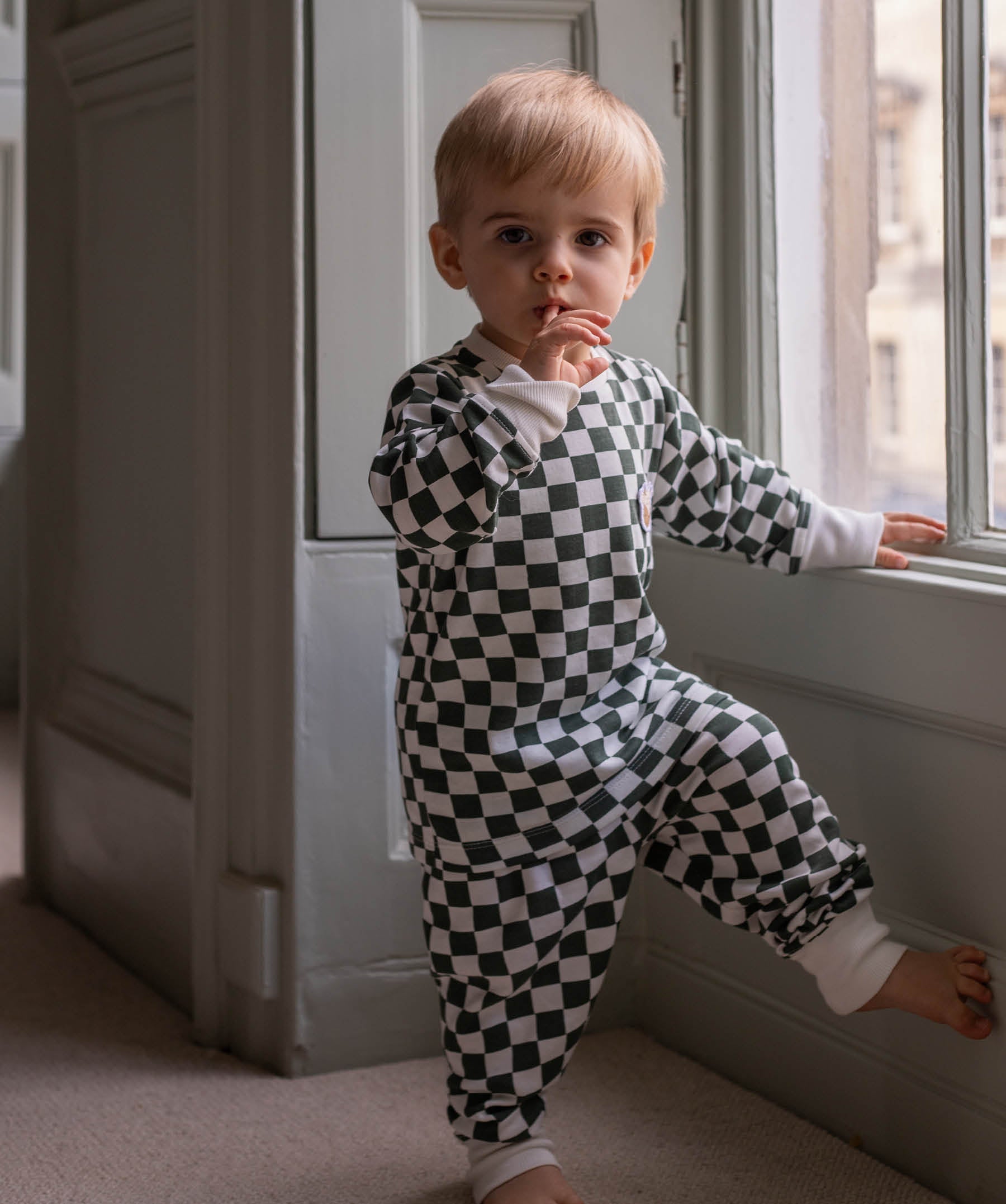 Children's Christmas Jersey Pyjamas - Green Checkerboard
