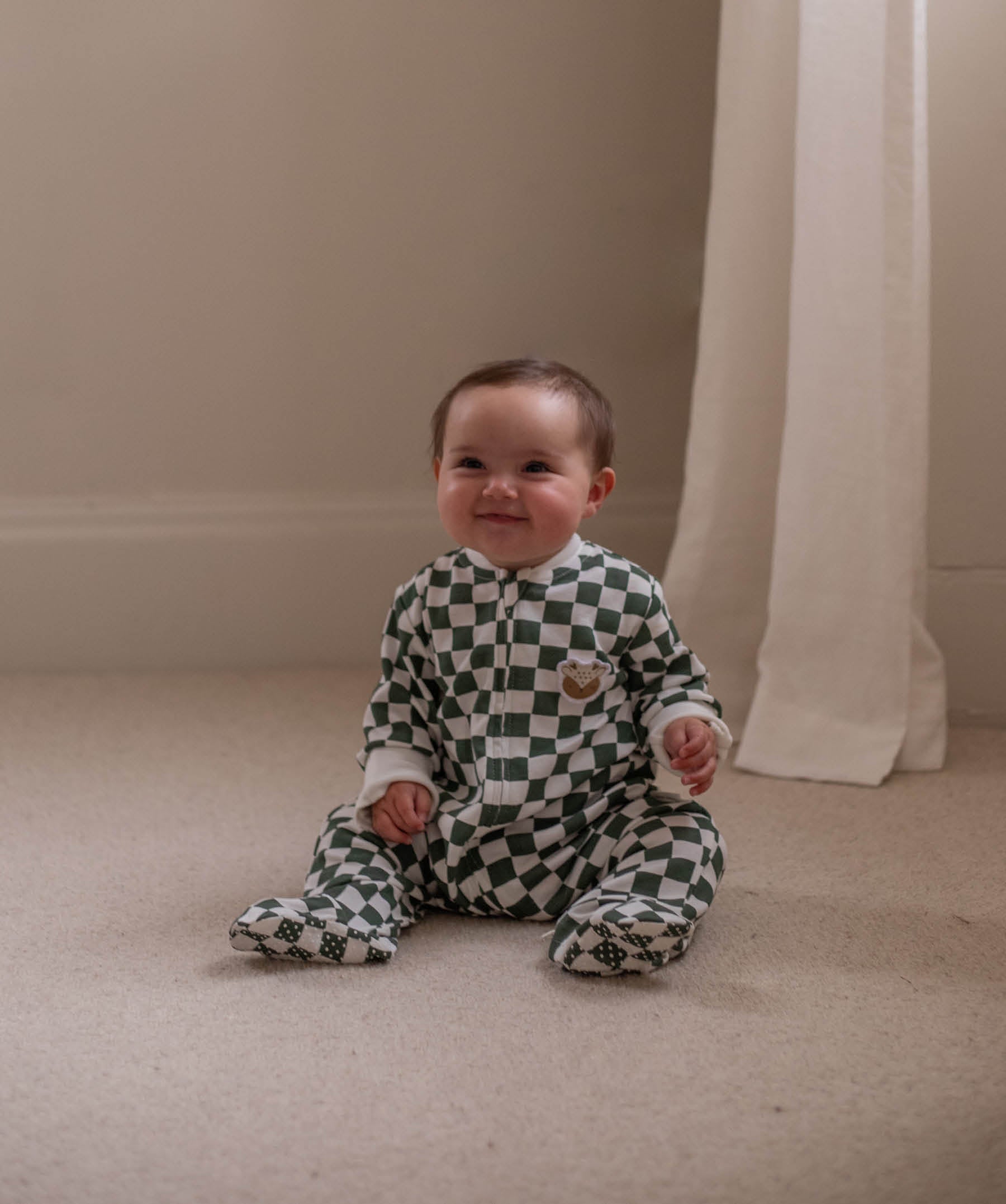 Christmas Baby Jersey Sleepsuit - Green Checkerboard