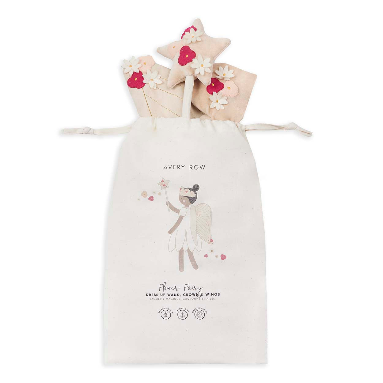 A flower fairy dress up set inside a drawstring gift bag