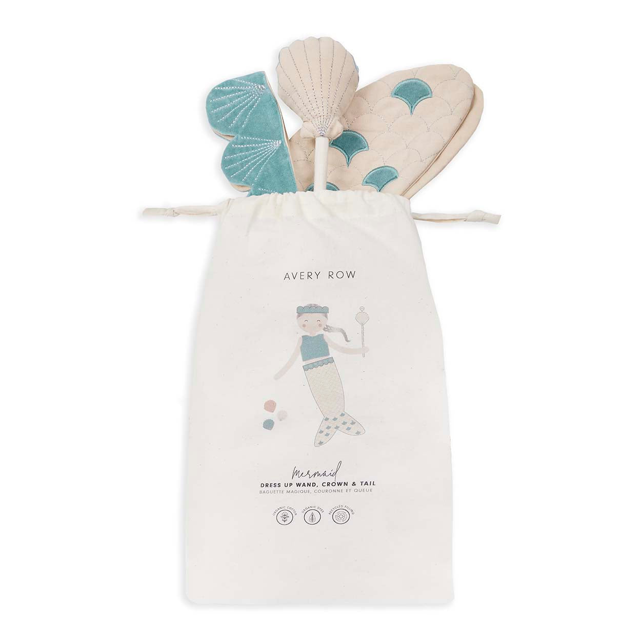 A mermaid dress up set inside a drawstring gift bag