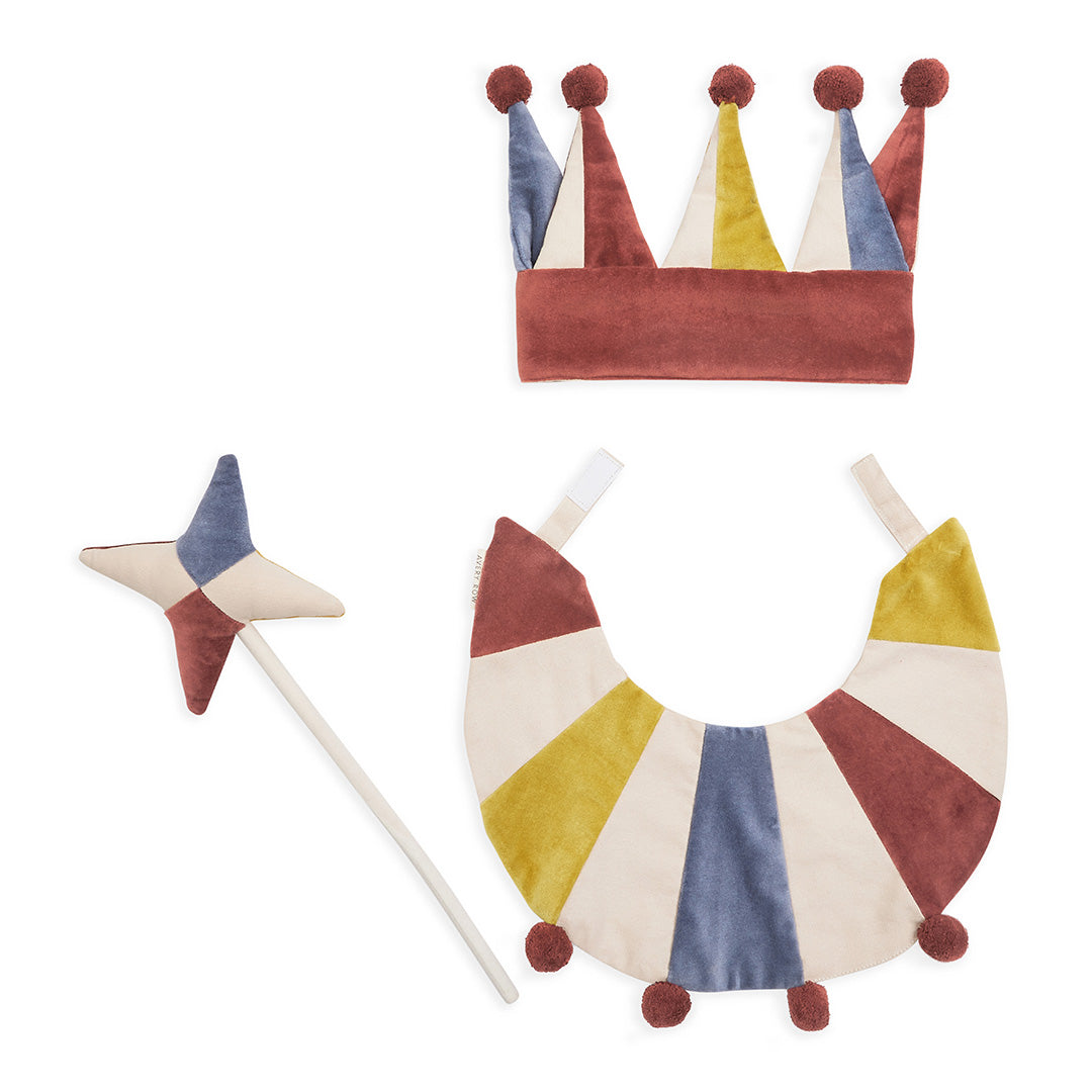 blue, red, white coloured jester 3-piece dress-up set in front view