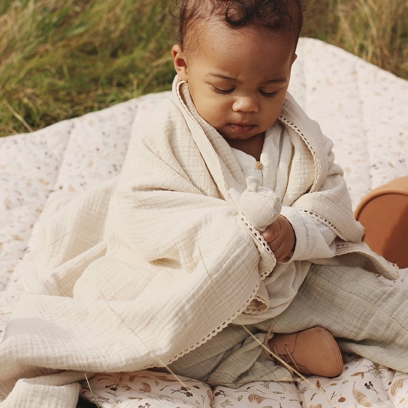 Embroidered Muslin blanket - Grasslands, Milky White - Avery Row